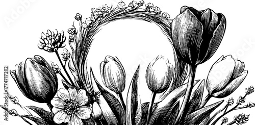 Spring floral vignette with circular wreath design for decorative uses