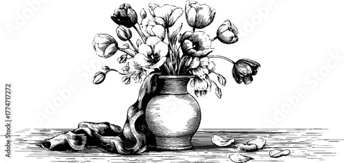 Vintage still life with vase of flowers and ribbon - hand drawn engraved illustration for retro design