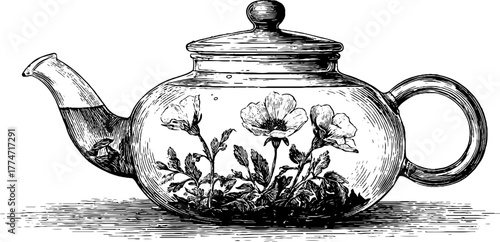 Glass teapot with blooming flower and tea leaves sketch for retro design