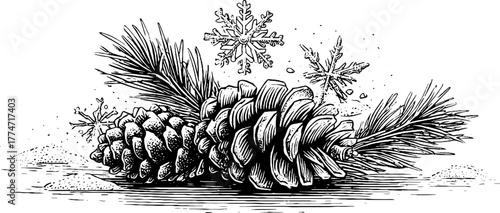 Winter scene with snowflakes, fir twigs, and pine cone - perfect for seasonal design