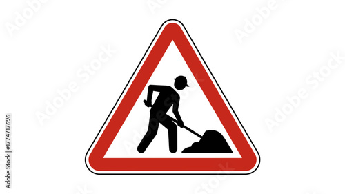 Road work warning sign with silhouette of worker digging