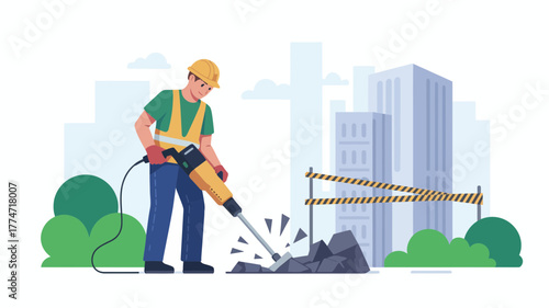 Construction worker using a jackhammer to break up rocks on a city site