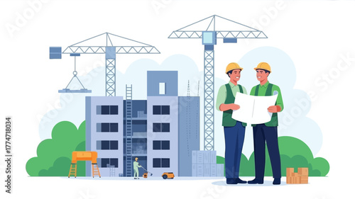Construction workers reviewing blueprints at a building site with cranes
