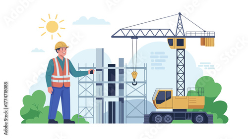 Construction worker overseeing building project with crane