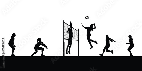 Women playing volleyball silhouette vector illustration