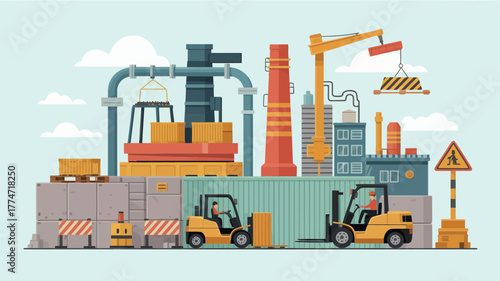 Industrial port scene with forklifts and cranes