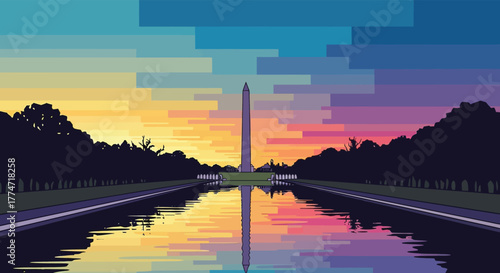 Washington monument reflected in the tidal basin during a vibrant sunset with colorful sky and silhouetted trees