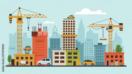 Cityscape under construction with cranes and buildings