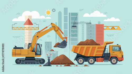 Construction site with excavator and dump truck loading dirt