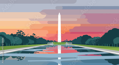 Iconic washington monument reflected in the lincoln memorial reflecting pool at sunset with colorful sky and trees