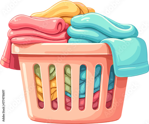 A cheerful cartoon illustration of a laundry basket filled with colorful folded and soft clothes, perfect for household themes, cleaning visuals, home organization concepts, family chores artwork, and