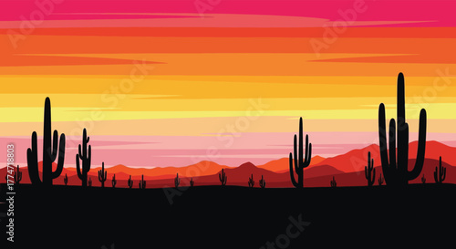 Vibrant desert landscape at sunset with saguaro cacti and distant mountains