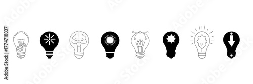 Creative light bulb icon set. Innovation, cog, arrow, brain, gear, sun, technology, idea and intelligence symbol collection in outline and solid style vector.