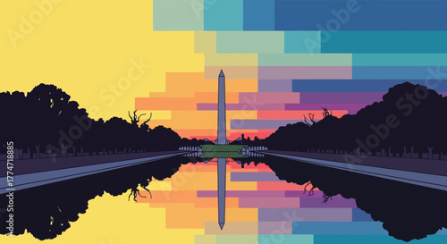 Washington monument reflected in lincoln memorial reflecting pool at sunset with vibrant colorful sky