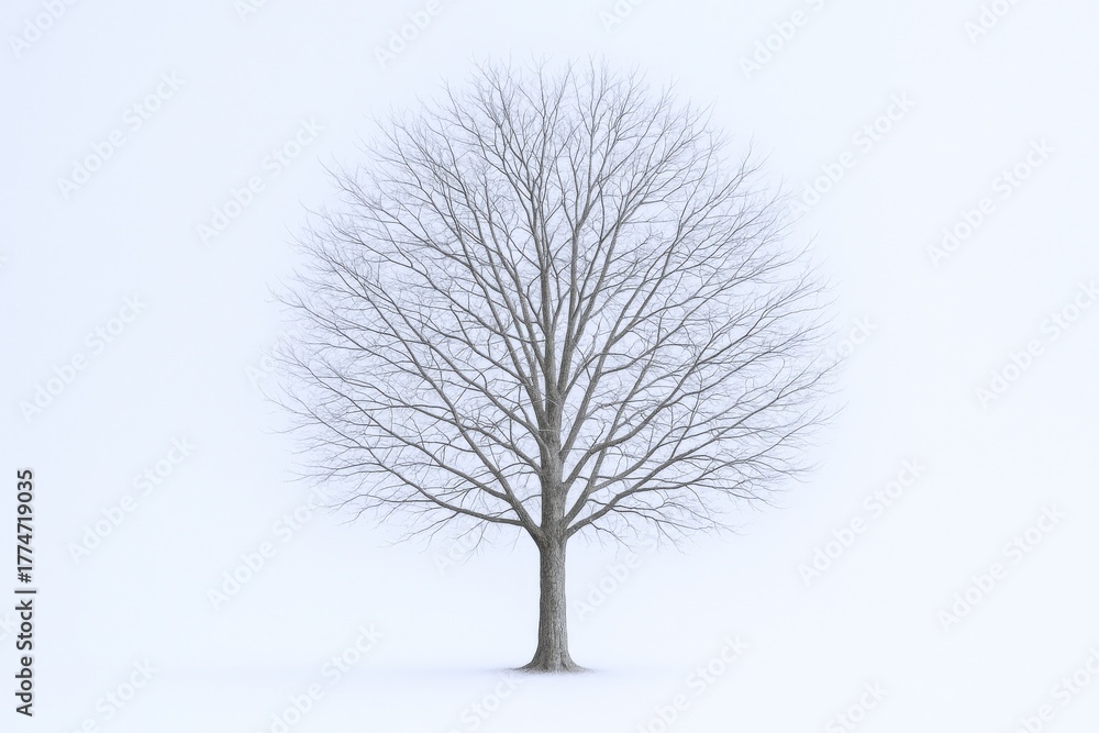 Obraz premium Bare Tree in Winter Isolated Against White Background, Representing Winter Season, Minimalist Style
