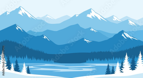 Serene winter mountain landscape with snow covered peaks and frozen lake in foreground