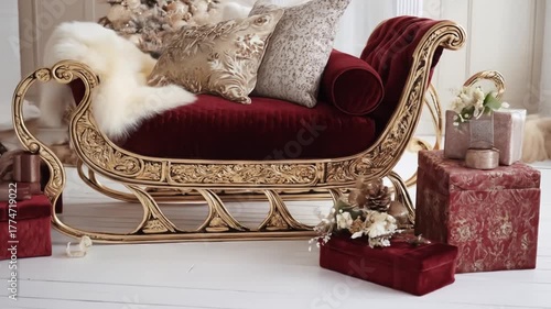Elegant decorated sleigh with gifts and pillows indoor decorative scene
