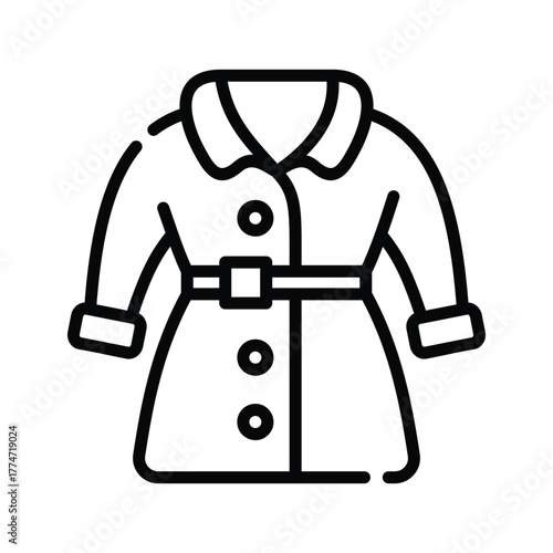 A blackoutlined icon of a belted trench coat with three buttons and cuffed sleeves