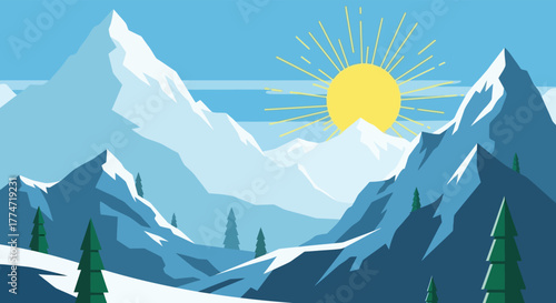 Vibrant minimalist illustration of a snowy mountain range under a bright radiant sun with stylized evergreen trees