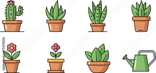 Set of Cute Flat Design Potted Succulents, Cactus, and Watering Can Icons Vector Illustration
