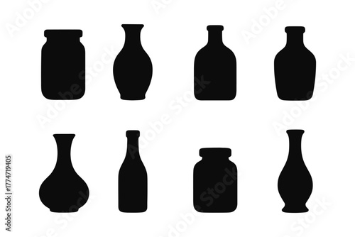 Collection of black silhouette jars and vases on white background