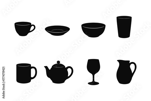 Silhouette collection of various drinkware and tableware icons