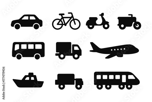 Silhouette icons of various transportation modes including cars, bikes, and planes