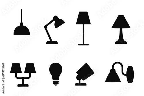 Silhouette icons of modern lamps and lighting fixtures