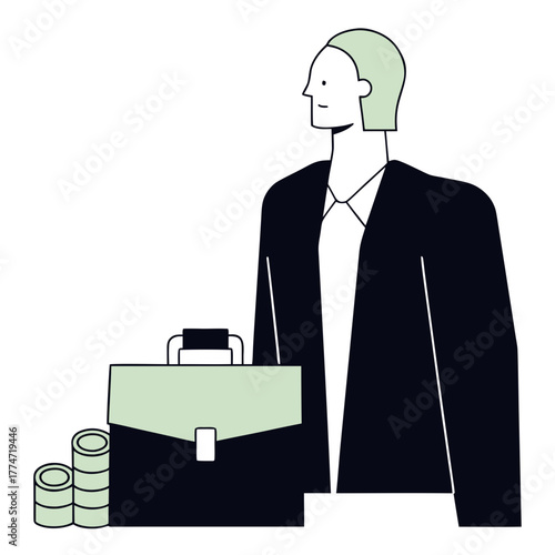 banker standing with briefcase and coins in minimalist style  