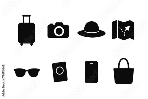 Travel essentials icons: minimalist silhouettes of luggage, camera, sunglasses