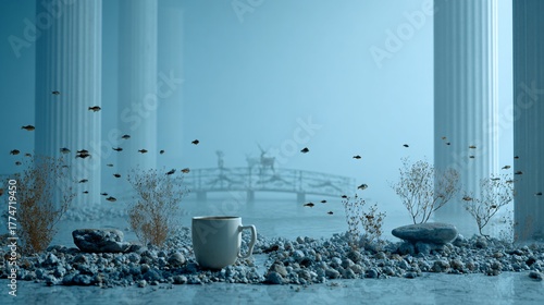Surreal Underwater Temple Scene with Floating Fish and Cup