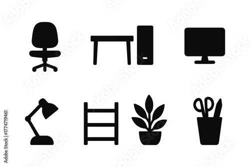Essential office equipment icons: chair, desk, computer, lamp, ladder, plant, scissors