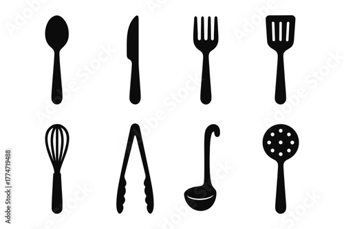 Silhouette kitchen utensils set: spoon, fork, knife, spatula, whisk, tongs, ladle, skimmer