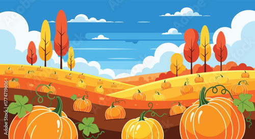Vibrant autumn landscape with rolling hills covered in pumpkins and colorful fall foliage trees