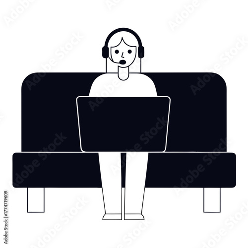 mom using laptop and headset while sitting on couch at home  