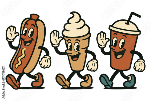 Playful cartoon fast food characters: hot dog, ice cream, and drink on the move