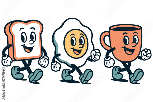 Cheerful breakfast characters in retro cartoon style with toast, egg, and coffee cup
