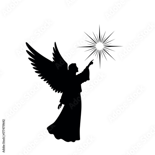 Angel Silhouette Pointing at a Shining Star.