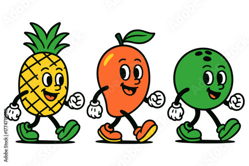 Cheerful cartoon fruits walking with smiling expressions