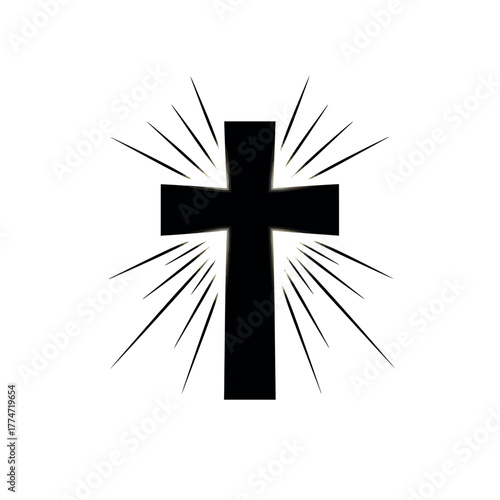 Black Christian Cross with Shining Light Rays.