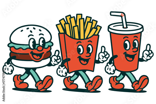 Retro cartoon fast food friends: burger, fries, and soda with happy faces