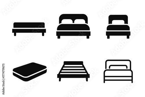 Minimalistic bed icons set: silhouette designs for bedroom decor and furniture