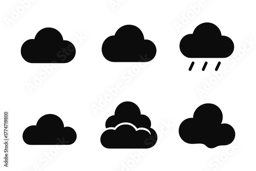 Variety of cloud icons: simple weather symbols in silhouette style