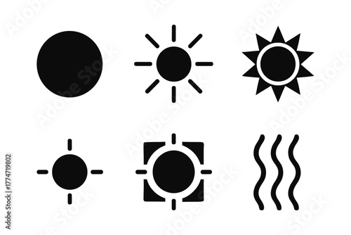 Minimalist sun shapes: black sun icons in various graphic styles for design