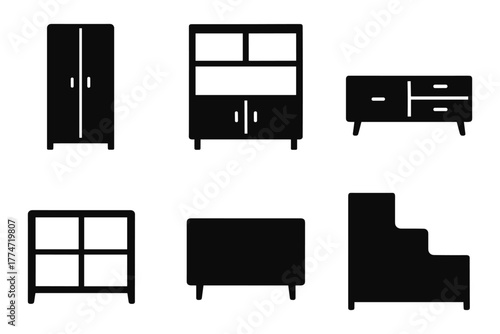 Minimalist furniture icons: wardrobe, sideboard, cabinet collection in silhouette style