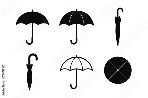 Silhouette collection of umbrella icons in various designs and positions