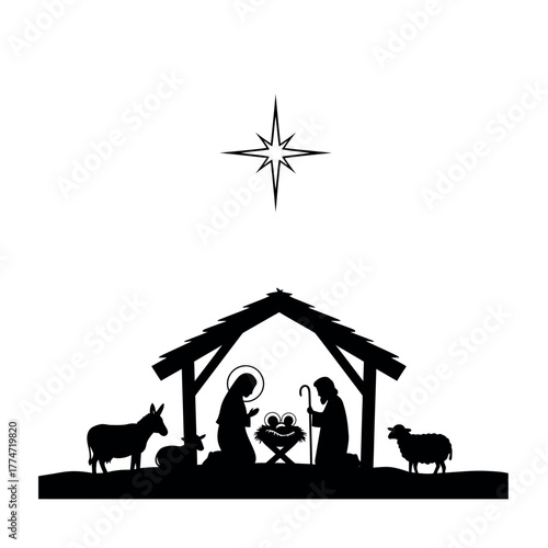 Christmas Nativity Scene Silhouette with Star.