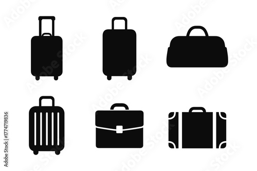 Silhouette icons of travel bags: luggage, suitcase, briefcase, and duffel bag