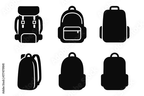 Stylish black silhouette backpack icons set for modern design concepts and minimalist projects