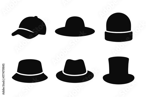 Silhouette collection of various hat styles including baseball cap and beanie